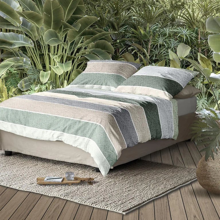 Seersucker Bettwäsche mit Blockstreifen Design in verschiedenen Grüntönen