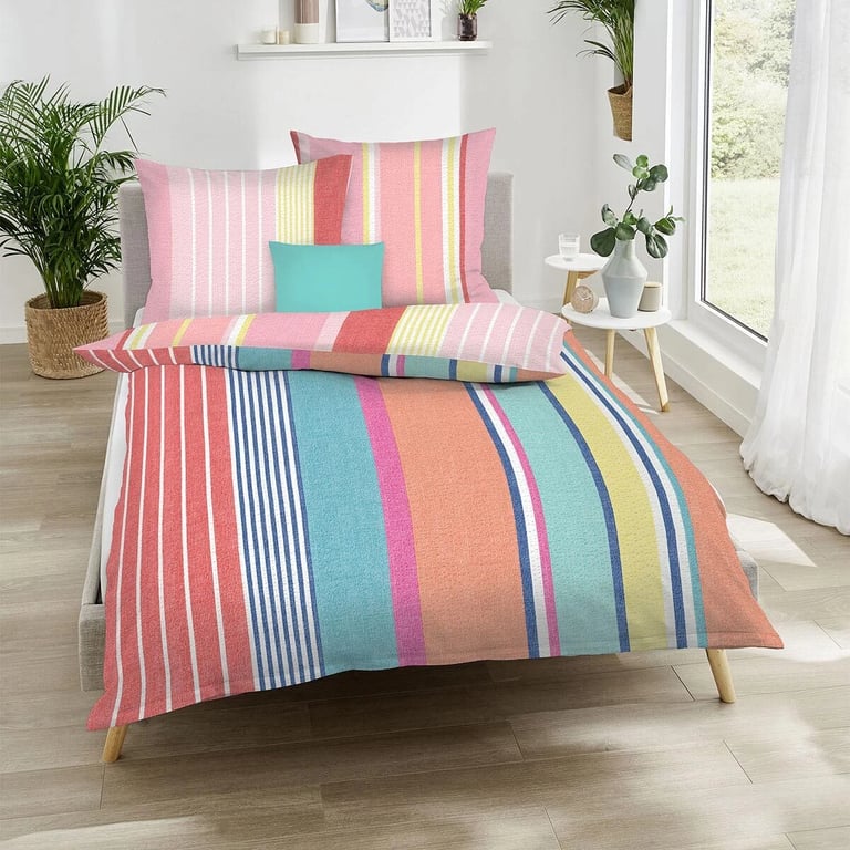 Seersucker Bettwäsche mit verschiedenen breiten Längsstreifen in knalligen Farben
