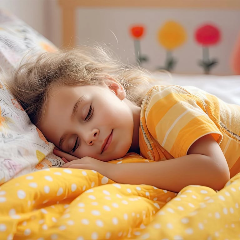 Junge und Mädchen die ihren Kopf auf den Händen abstützen; liegen unter einer Bettdecke