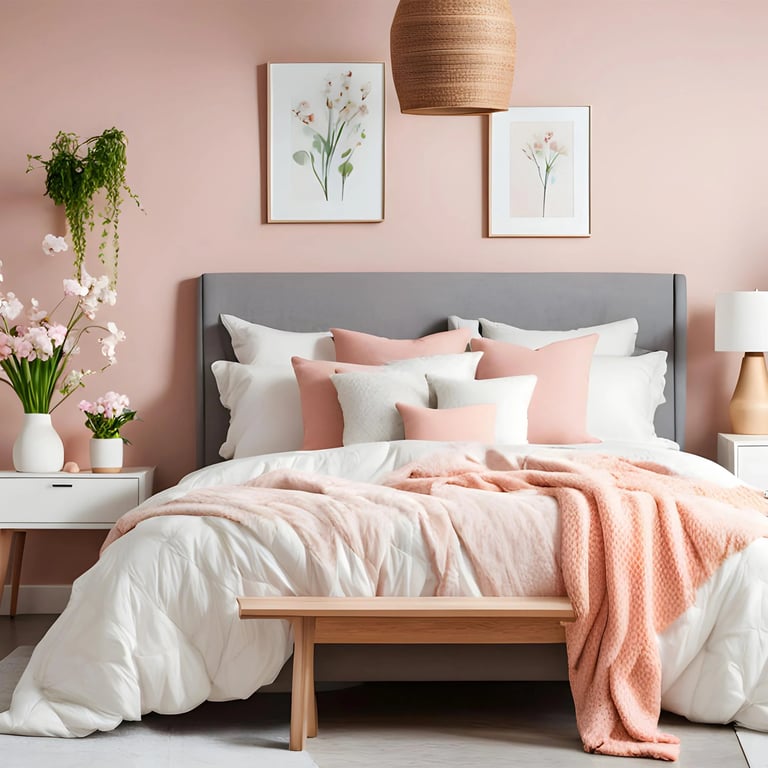 Bett mit pfirsichfarbenen Kissen und Tagesdecke, in Raum mit pastellfarbener Wand