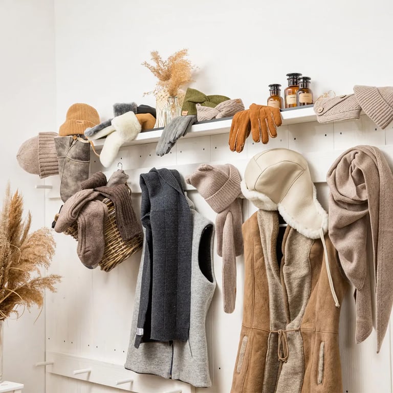 verschiedene Fellhof Produkte hängen an einem Kleiderhaken