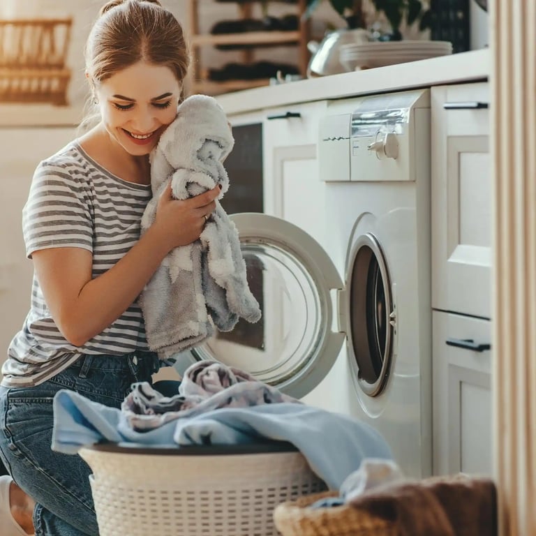 Frau die vor einer Waschmaschine sitzt und sie einräumt