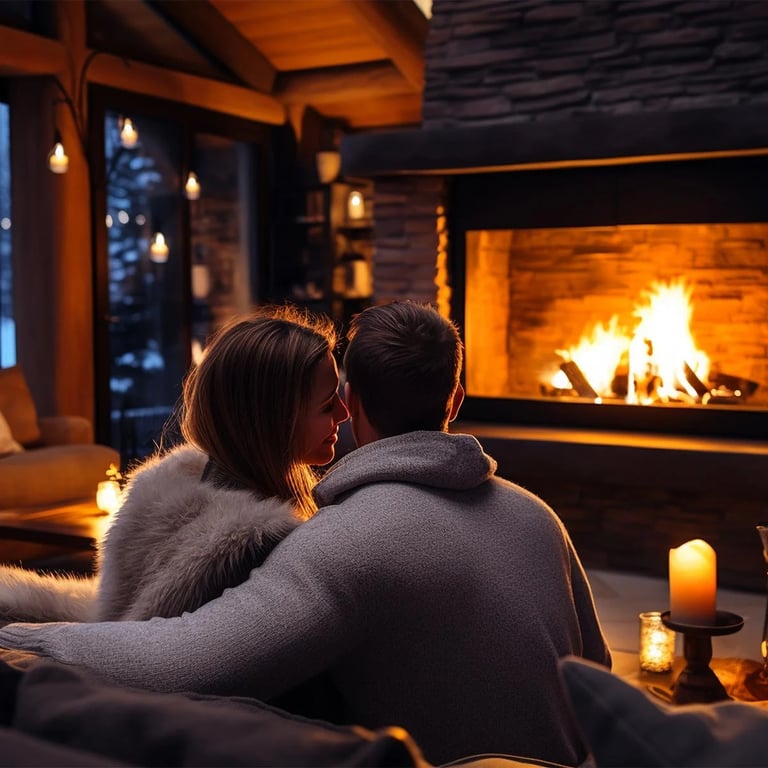 Pärchen auf dem Sofa vor loderndem Kamin sitzend