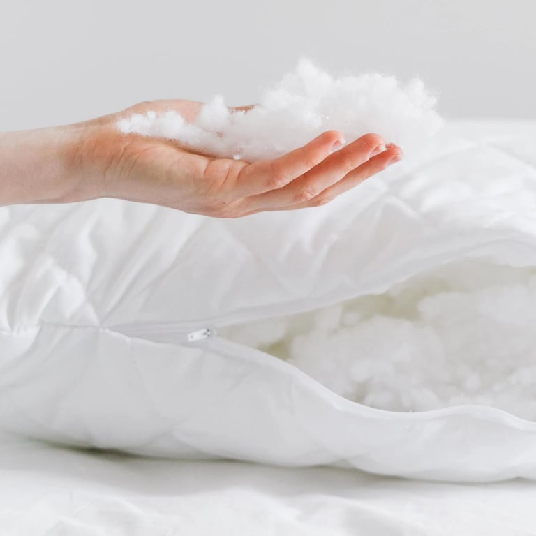 Man sieht eine Hand, die Füllmaterial einer Bettdecke hält